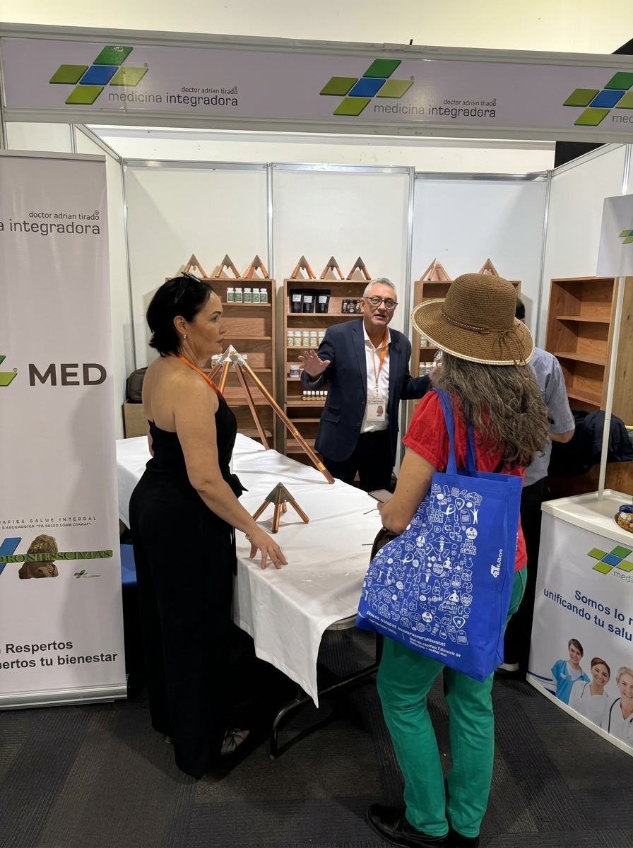 Stand con pirámides y productos artesanales en feria de bienestar